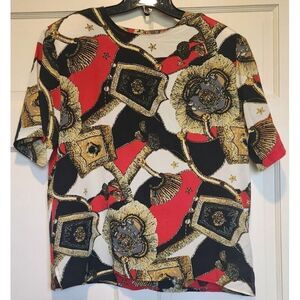 Vtg Christie & Jill Blouse‎ Womens L 100% Silk Old Money Baroque Gold Colorblock